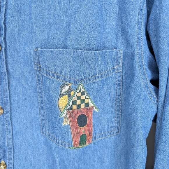 Vintage 90s Faded Glory Bird Screen Print Button Down Denim Top Unisex Men's Med - Picture 4 of 10